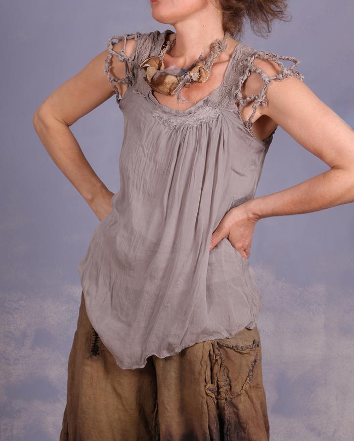 'wrapped in braided twigs' layered sculptural top in taupe gray