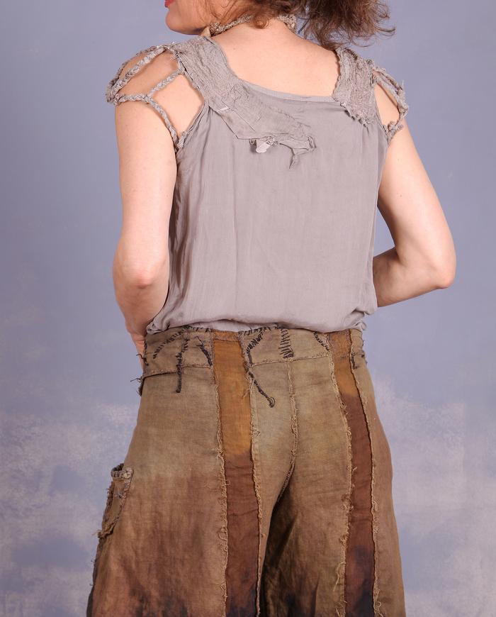 'wrapped in braided twigs' layered sculptural top in taupe gray