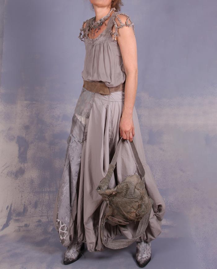 'wrapped in braided twigs' layered sculptural top in taupe gray