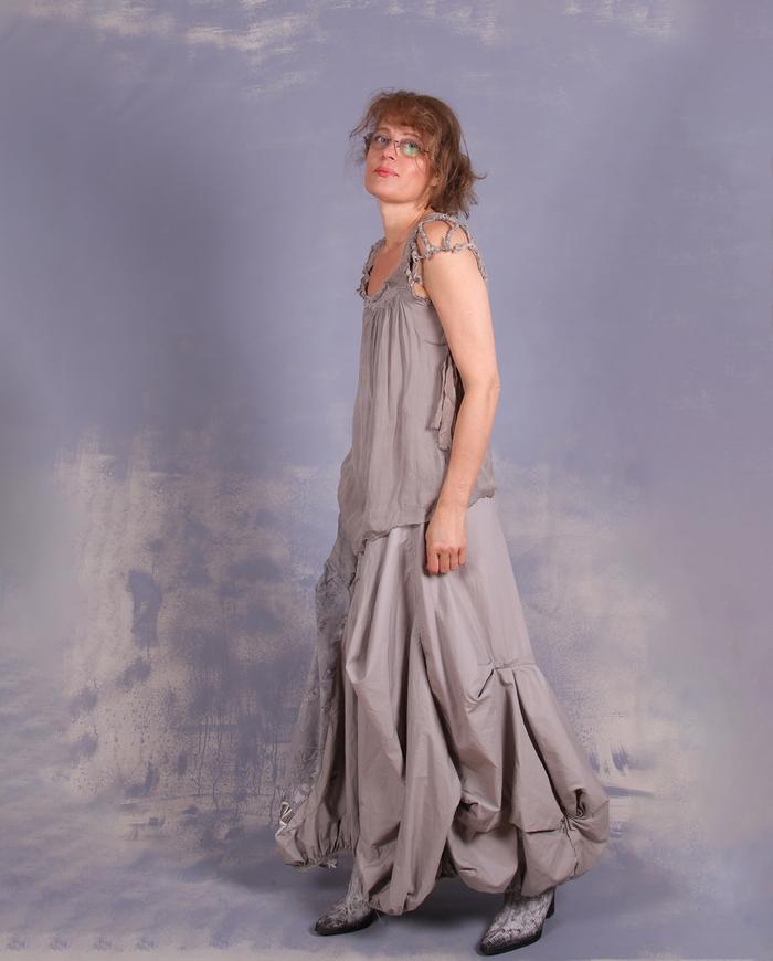 'wrapped in braided twigs' layered sculptural top in taupe gray