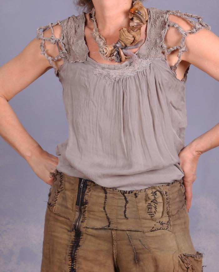 'wrapped in braided twigs' layered sculptural top in taupe gray