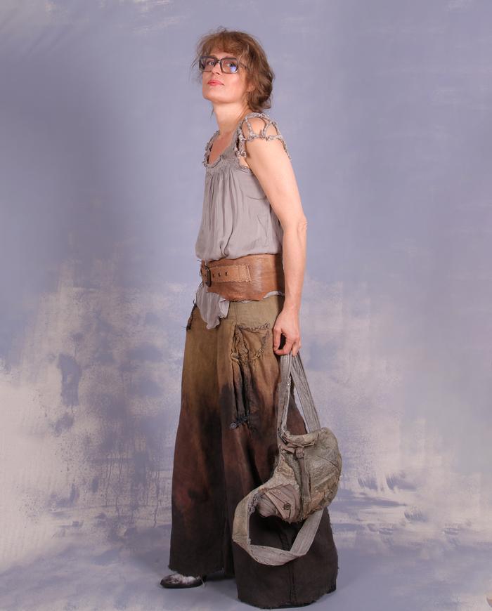 'wrapped in braided twigs' layered sculptural top in taupe gray