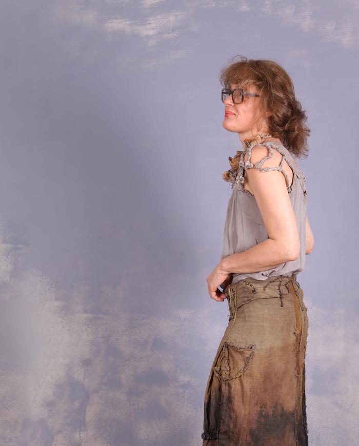 'wrapped in braided twigs' layered sculptural top in taupe gray