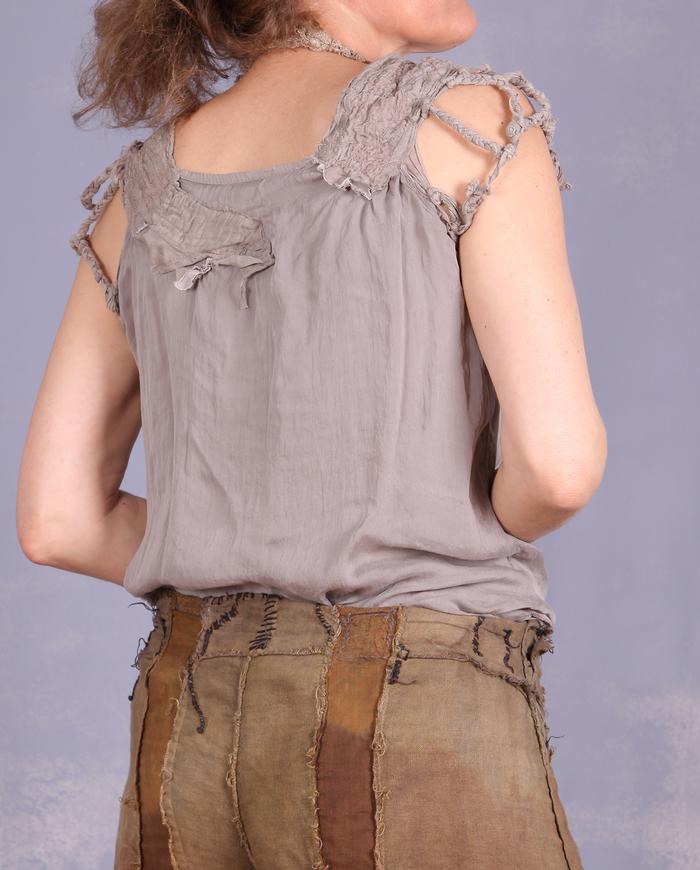 'wrapped in braided twigs' layered sculptural top in taupe gray