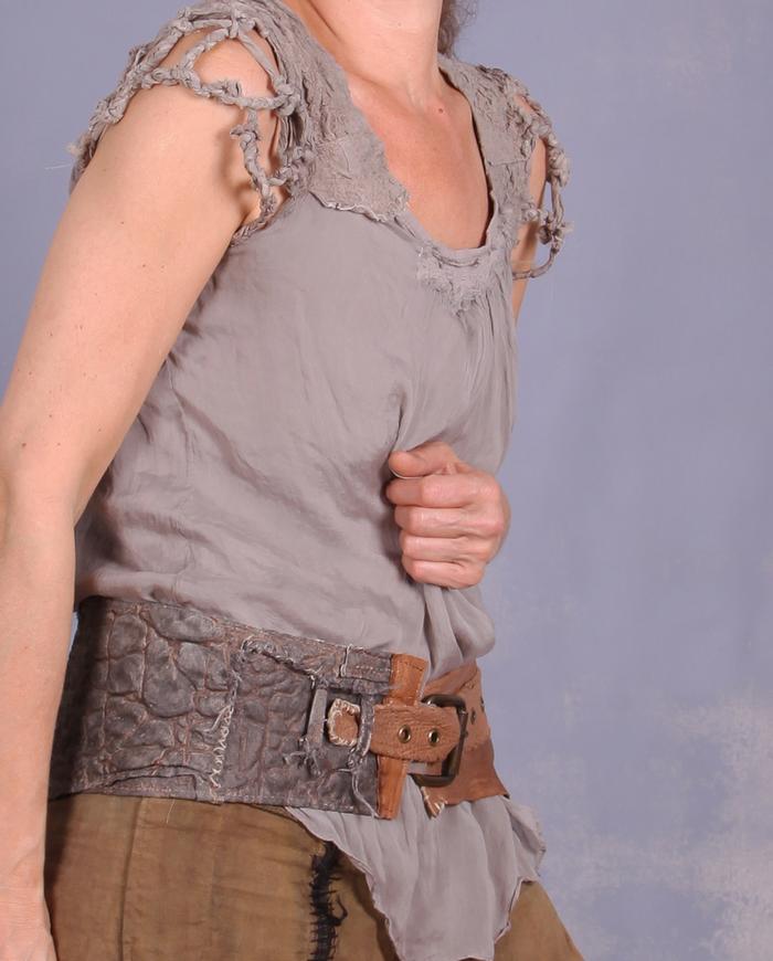 'wrapped in braided twigs' layered sculptural top in taupe gray