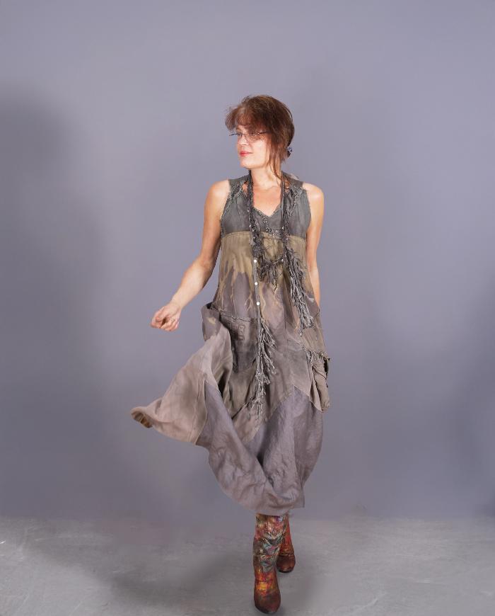 'a long look at khaki' fiber art dress