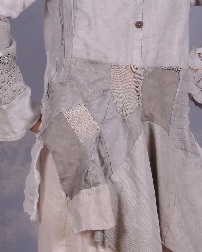 'free spirited romantic' sculptural mixed fabrics top