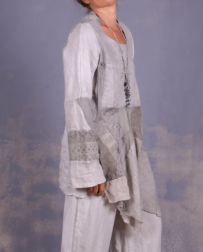 'free spirited romantic' sculptural mixed fabrics top