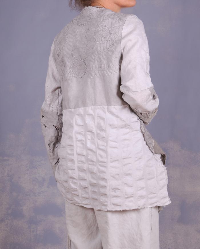 'free spirited romantic' sculptural mixed fabrics top