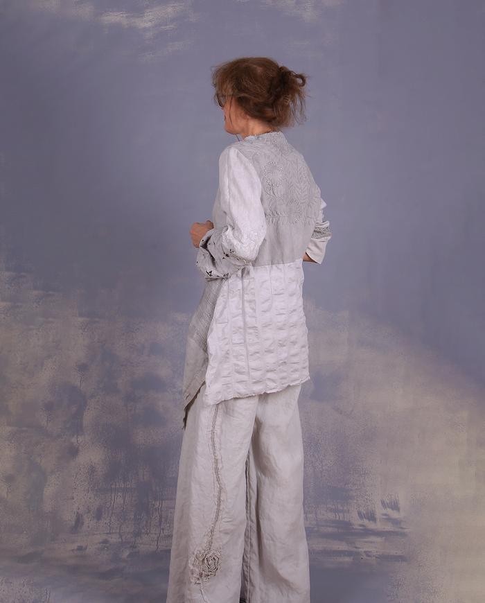 'free spirited romantic' sculptural mixed fabrics top