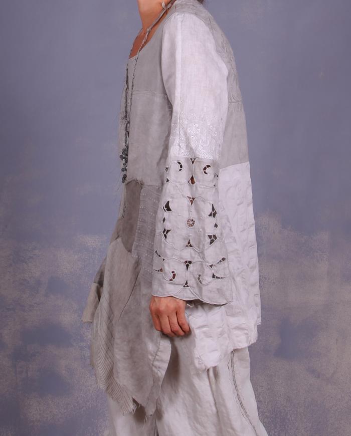 'free spirited romantic' sculptural mixed fabrics top