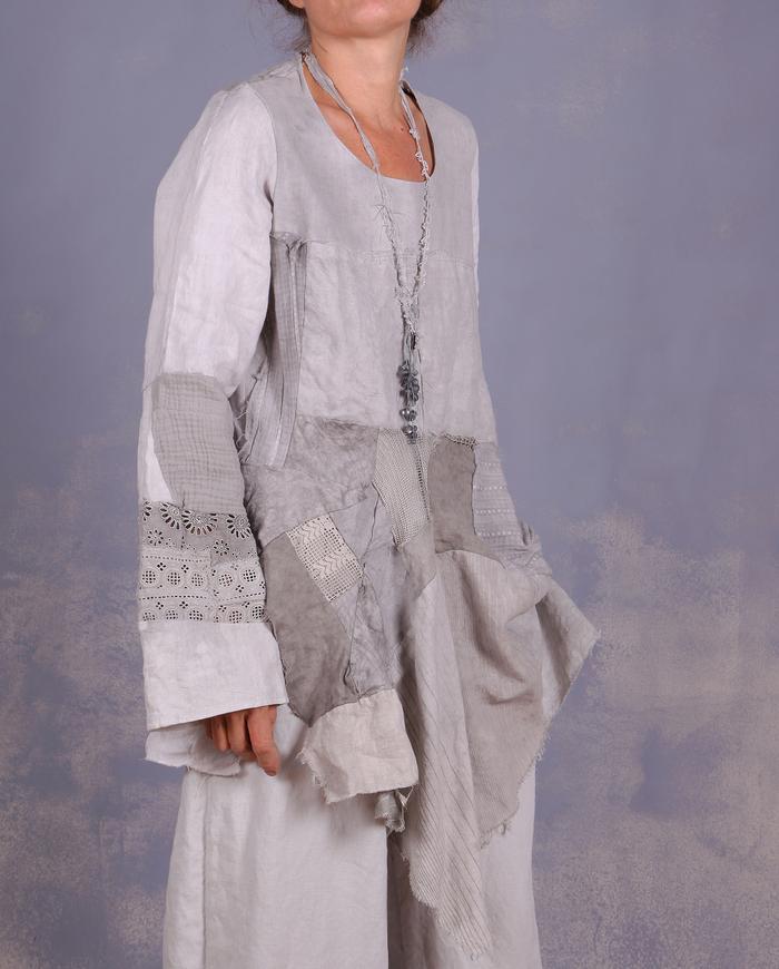 'free spirited romantic' sculptural mixed fabrics top