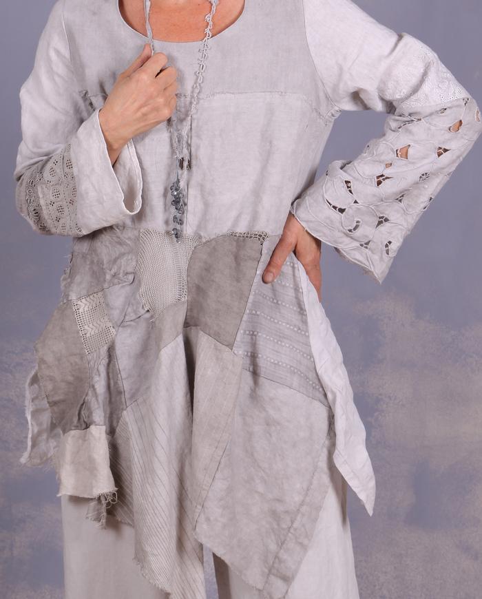 'free spirited romantic' sculptural mixed fabrics top