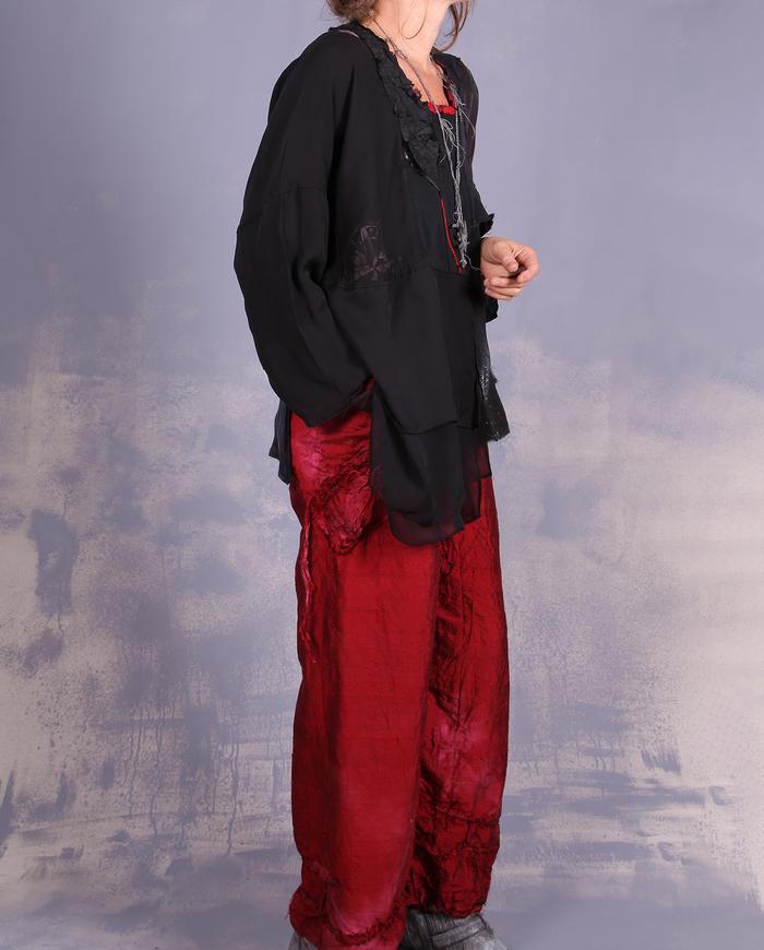 'accented in scarlet' straight leg silk pants