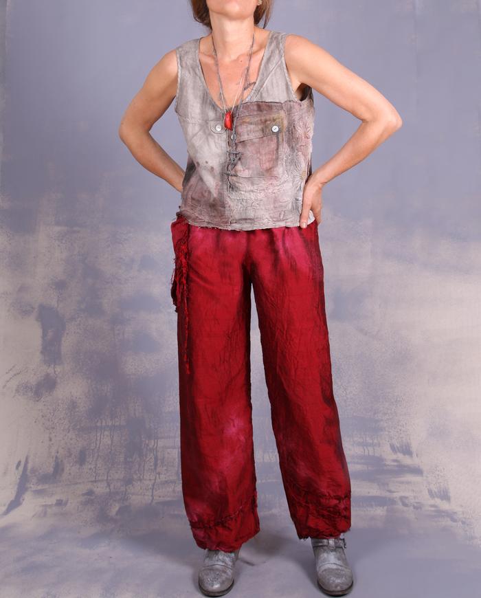 'accented in scarlet' straight leg silk pants