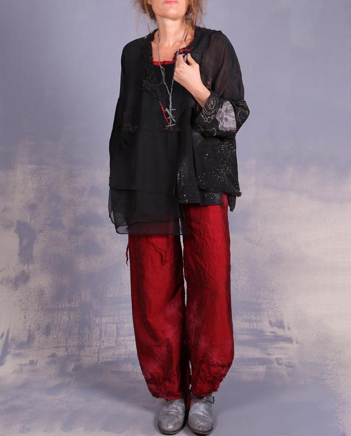 'accented in scarlet' straight leg silk pants