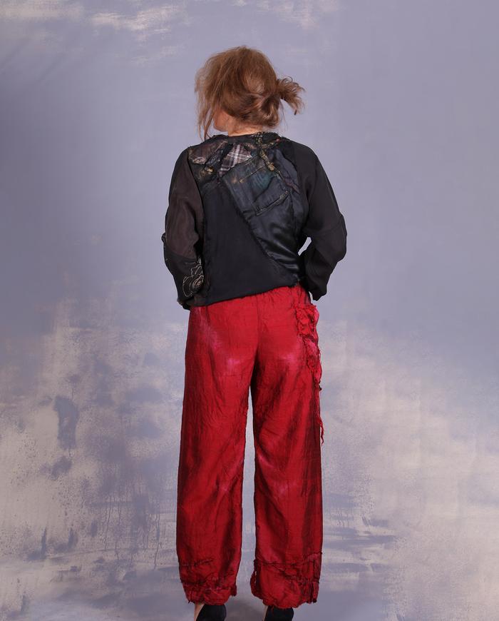 'accented in scarlet' straight leg silk pants