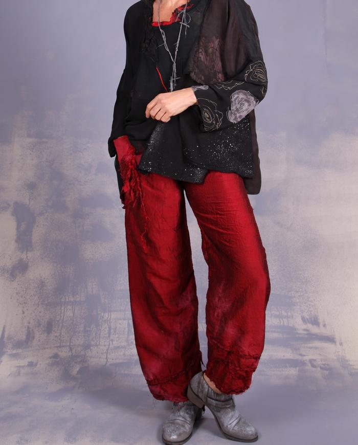 'accented in scarlet' straight leg silk pants