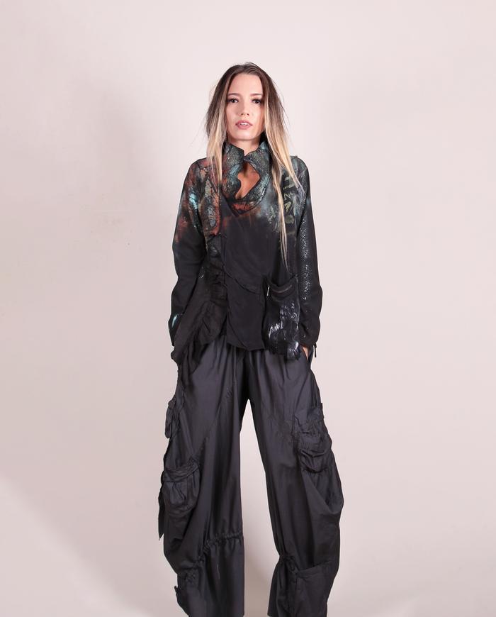 'with sparkle and confidence' sculptural asymmetrical blouse/jacket