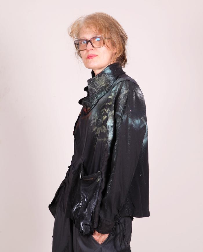 'with sparkle and confidence' sculptural asymmetrical blouse/jacket