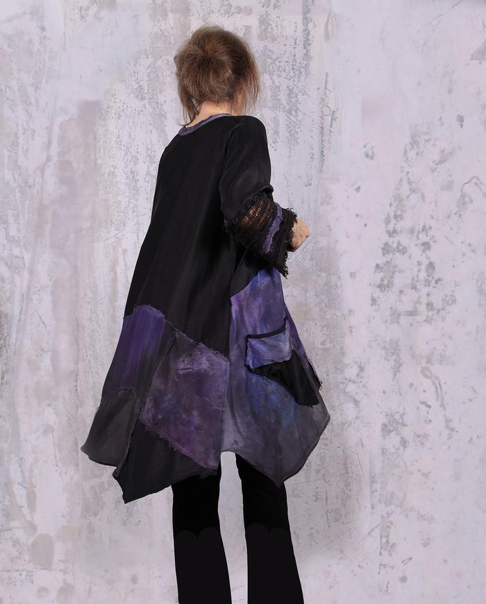 patchwork black and violet silk tunic