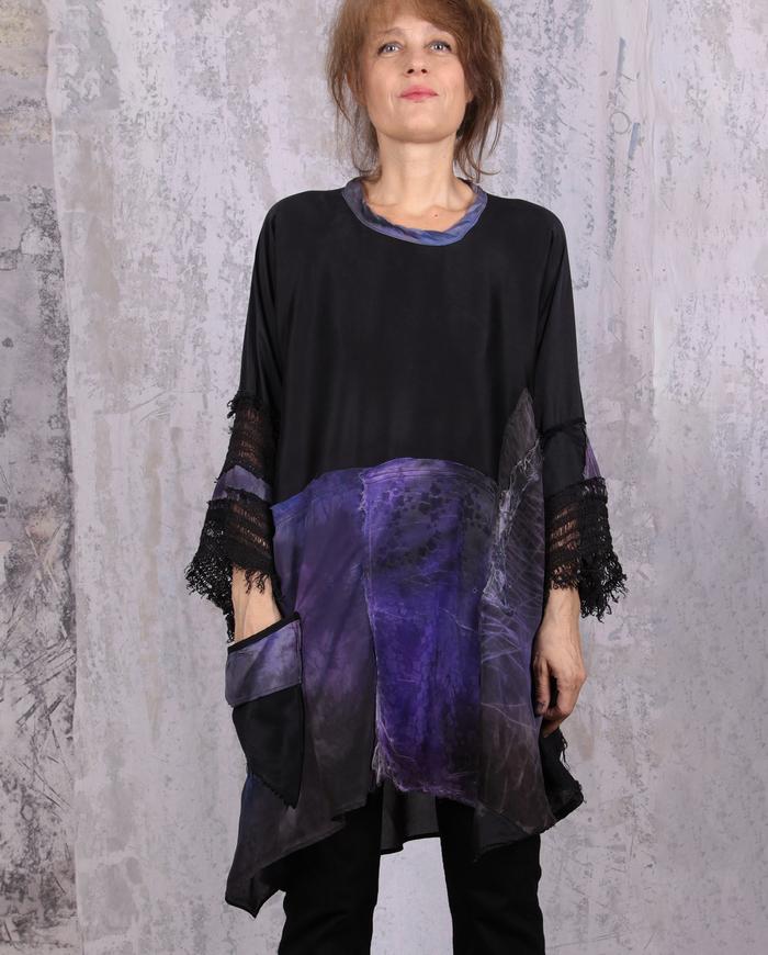 patchwork black and violet silk tunic