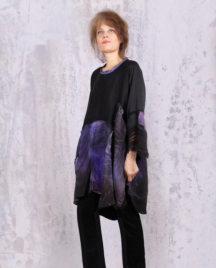 patchwork black and violet silk tunic