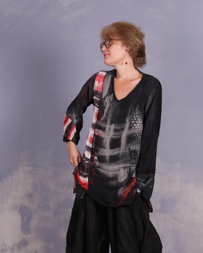 'black out to red: story no. 3' mixed silks blouse