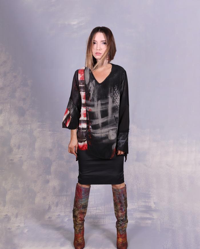 'black out to red: story no. 3' mixed silks blouse