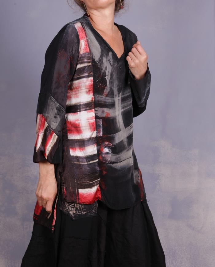 'black out to red: story no. 3' mixed silks blouse