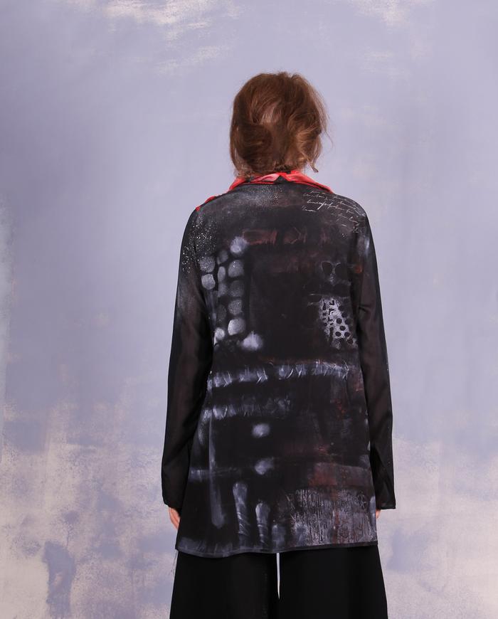 'black out to red: story no. 4' lightweight silk painted blouse