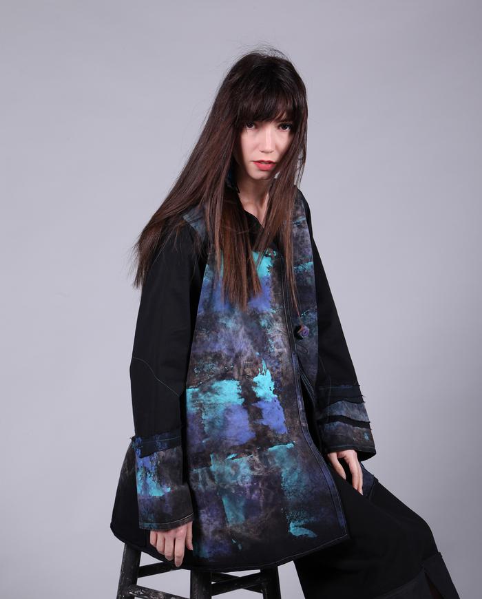 distressed jewel tones on black hand-painted jacket