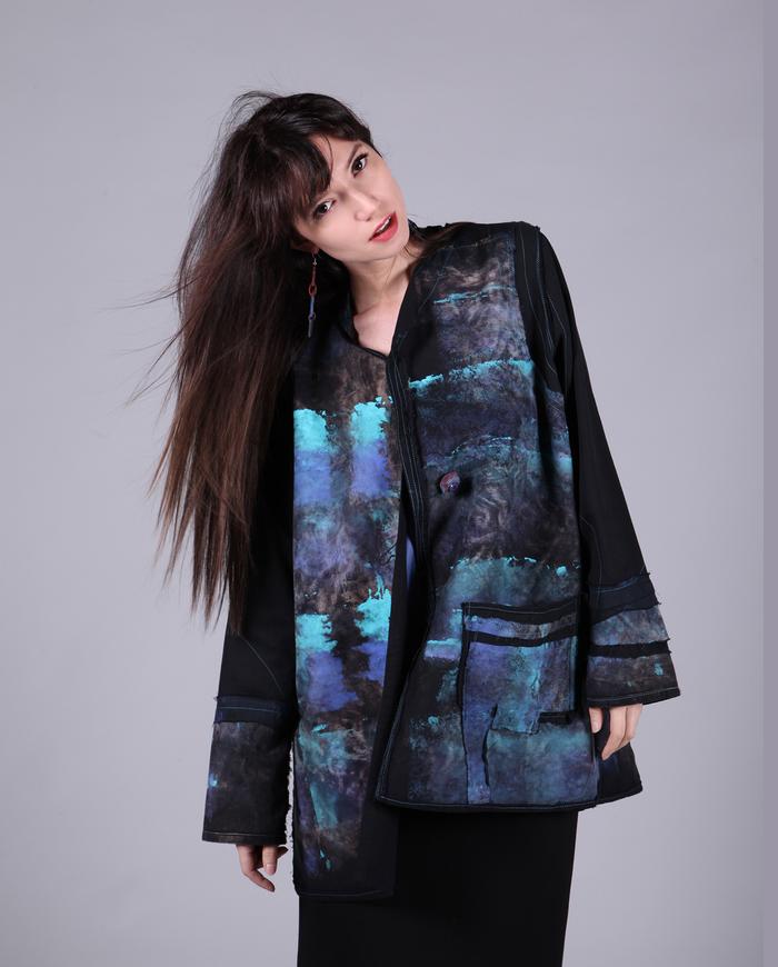 distressed jewel tones on black hand-painted jacket