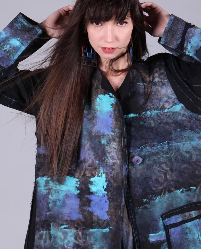 distressed jewel tones on black hand-painted jacket