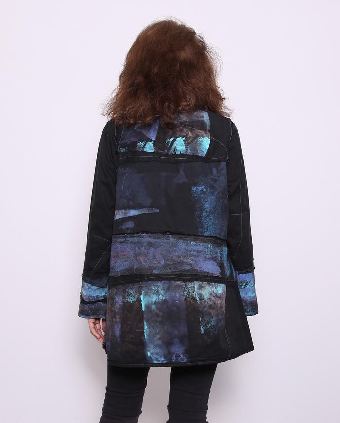 distressed jewel tones on black hand-painted jacket