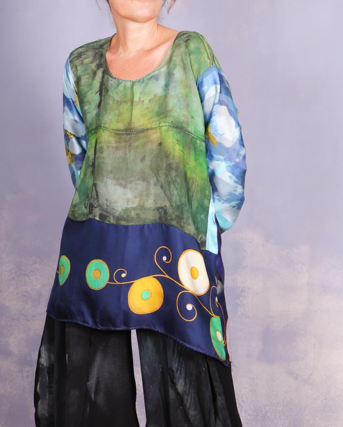 'an avid art discussion' mixed silks art blouse