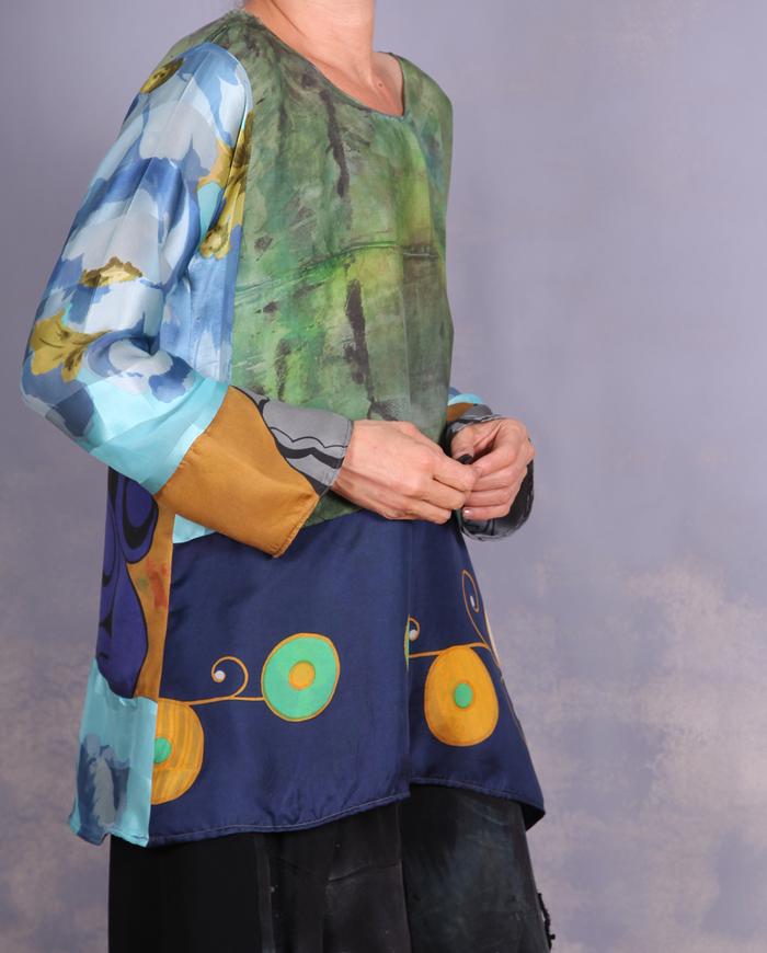 'an avid art discussion' mixed silks art blouse