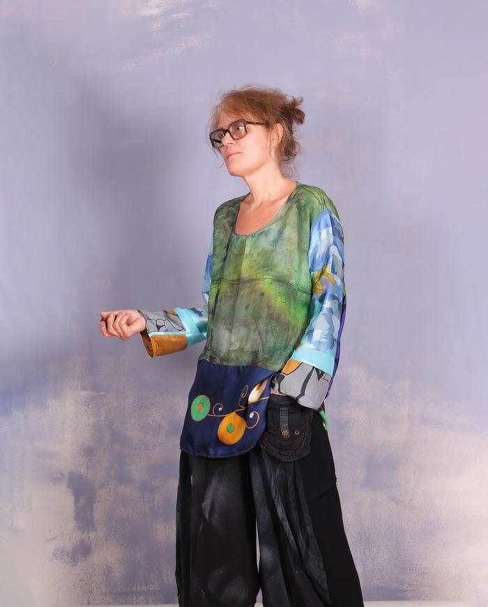 'an avid art discussion' mixed silks art blouse