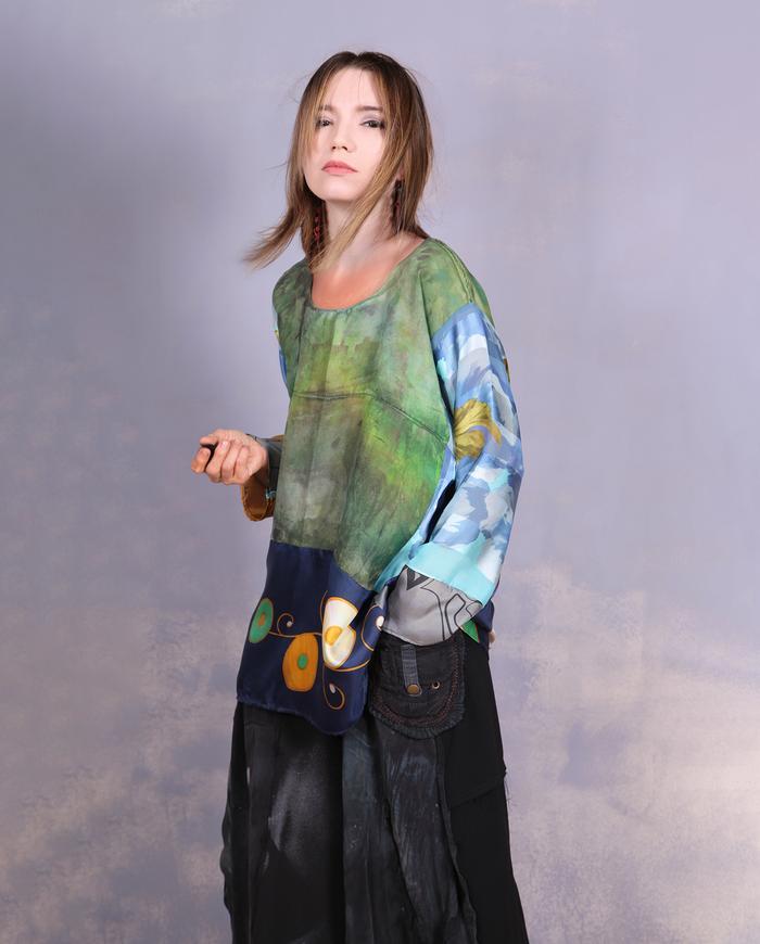'an avid art discussion' mixed silks art blouse