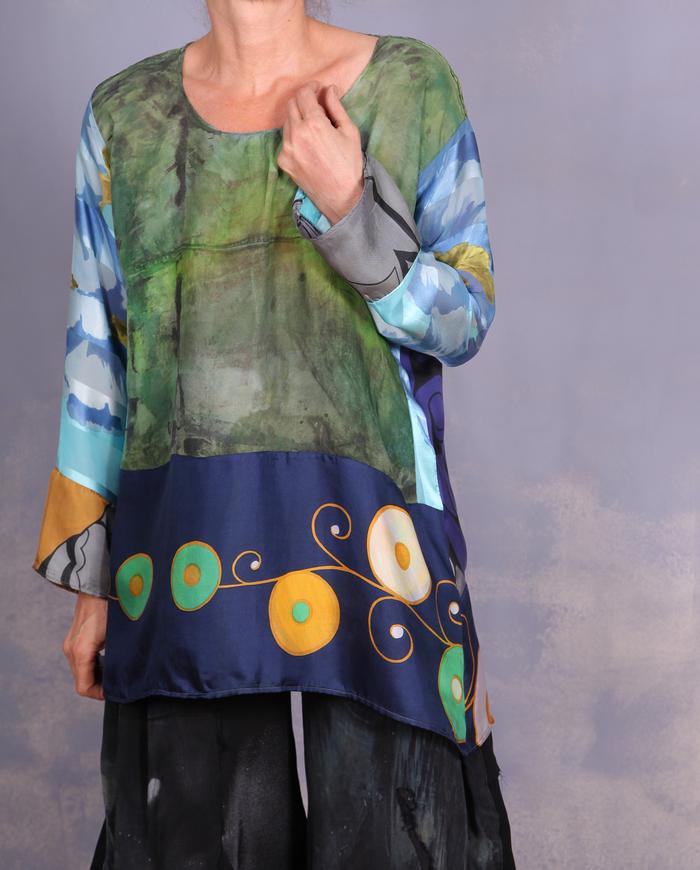 'an avid art discussion' mixed silks art blouse