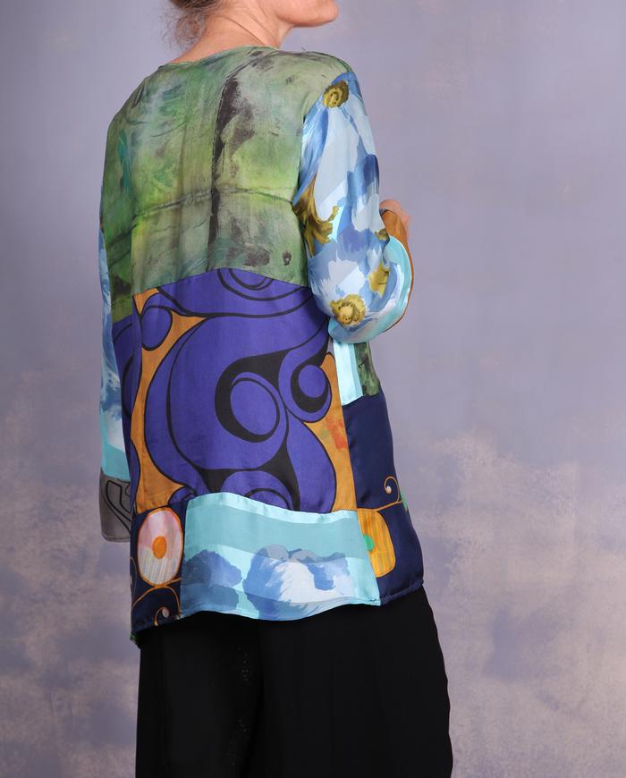 'an avid art discussion' mixed silks art blouse