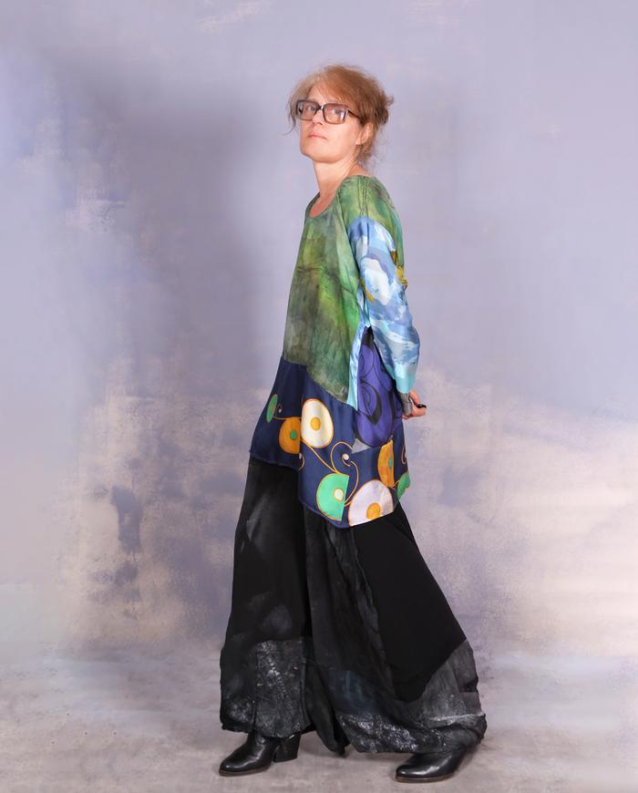 'an avid art discussion' mixed silks art blouse