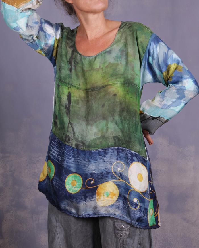 'an avid art discussion' mixed silks art blouse
