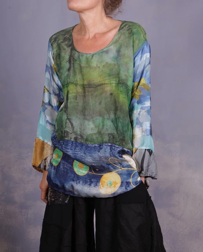 'an avid art discussion' mixed silks art blouse