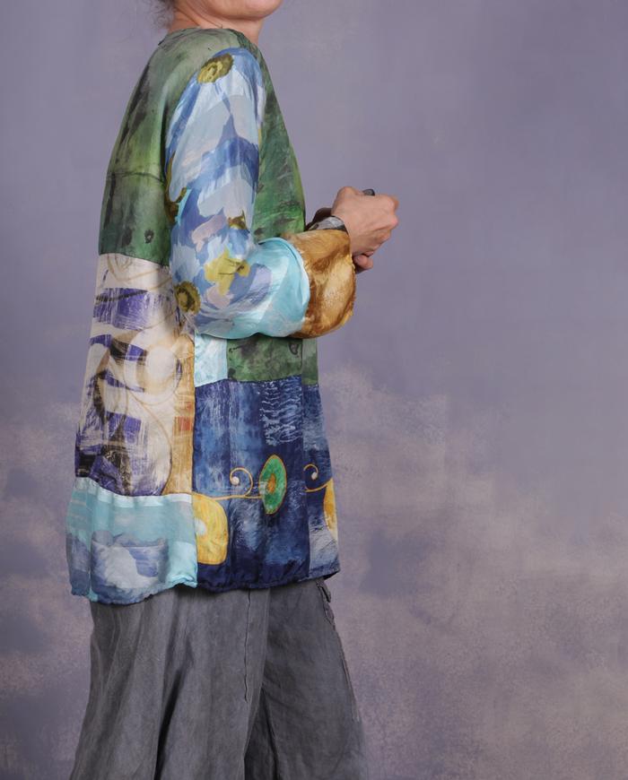 'an avid art discussion' mixed silks art blouse
