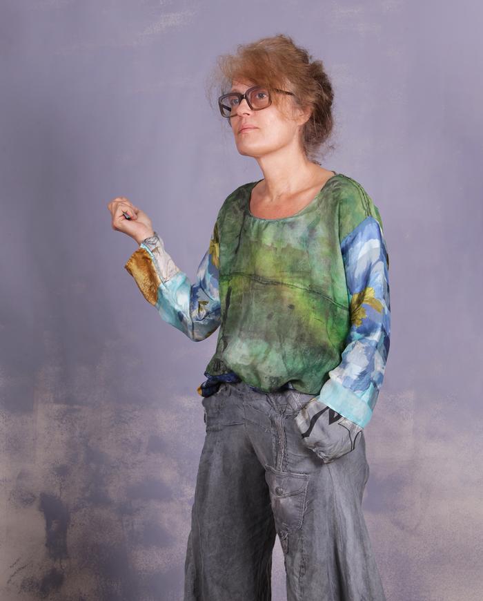 'an avid art discussion' mixed silks art blouse