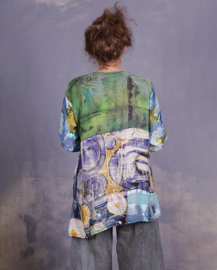 'an avid art discussion' mixed silks art blouse