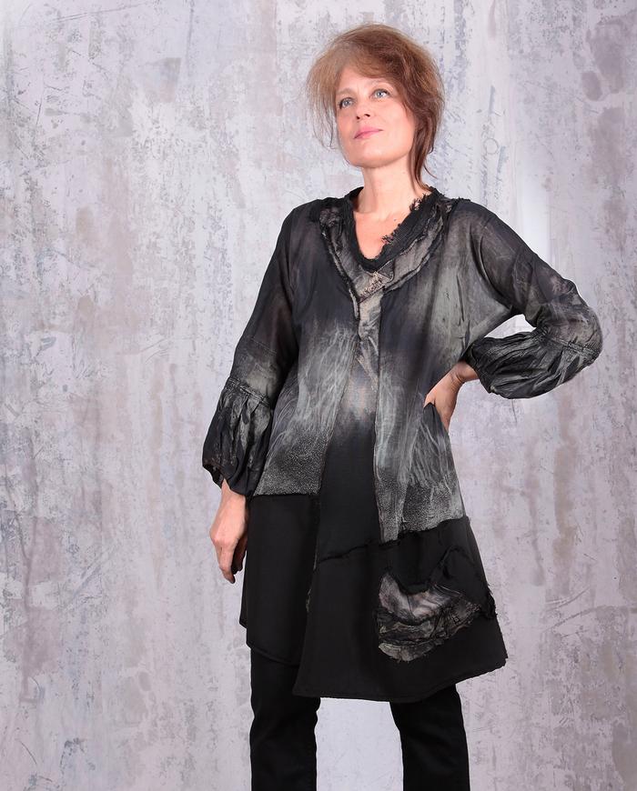 distressed reversible hand-printed batiste tunic with sculptural sleeves 