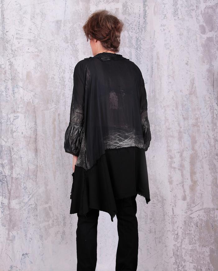 distressed reversible hand-printed batiste tunic with sculptural sleeves 