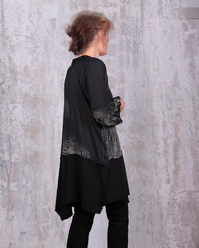 distressed reversible hand-printed batiste tunic with sculptural sleeves 